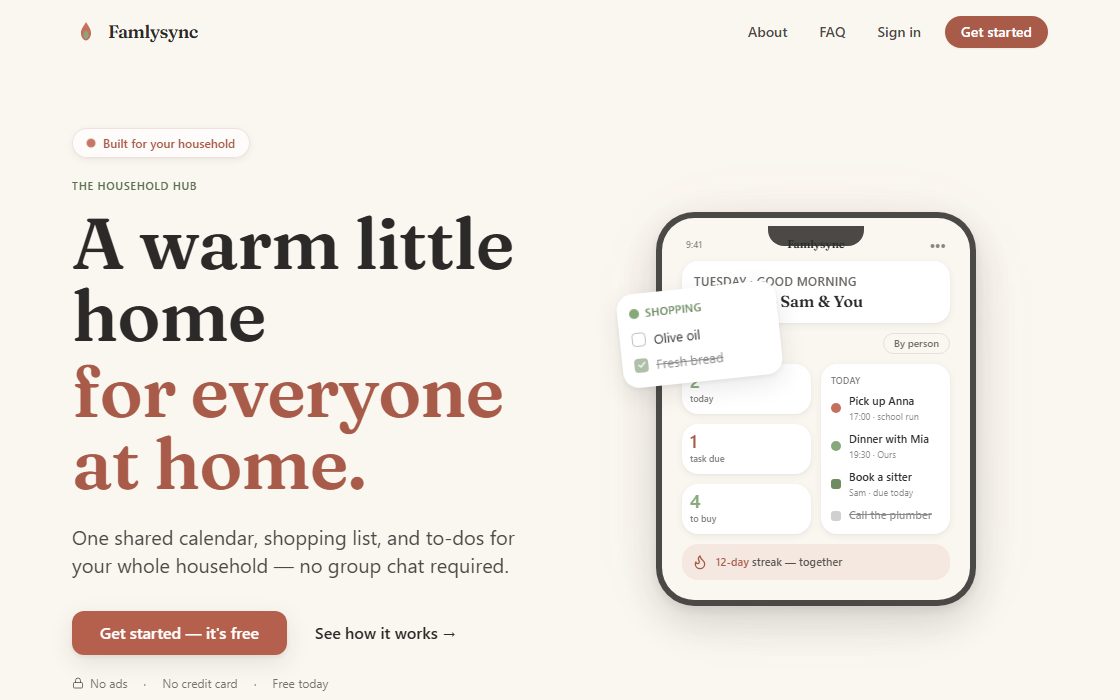 The Famlysync homepage in warm colours, showing a mobile view of the family’s shared dashboard