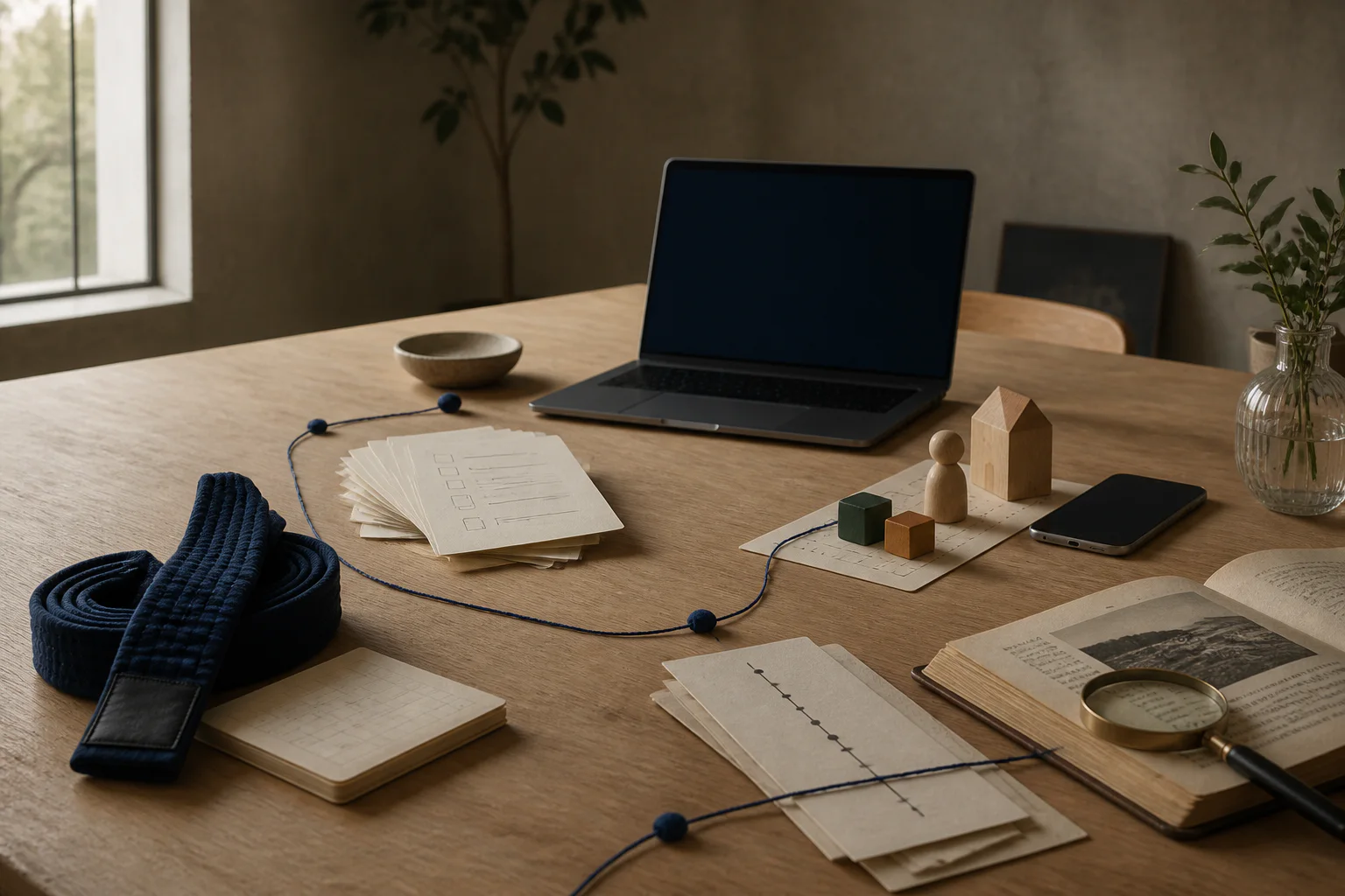 A quiet Nordic product studio with a training belt, survey cards, a household planner and archival materials arranged on an oak table
