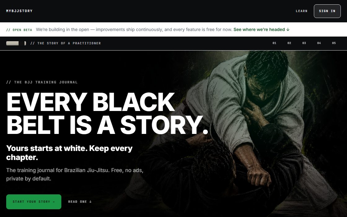The Mybjjstory homepage in a dark visual style, with the message ‘Every black belt is a story’