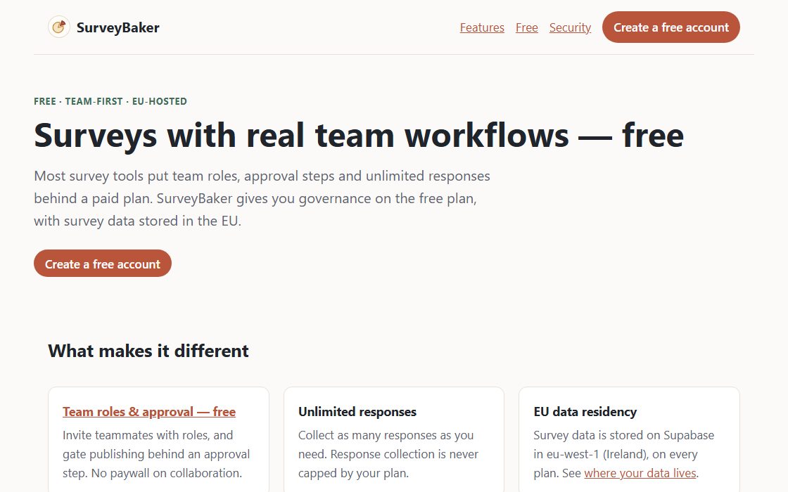 The SurveyBaker homepage, showing the heading ‘Surveys with real team workflows’ and three feature cards