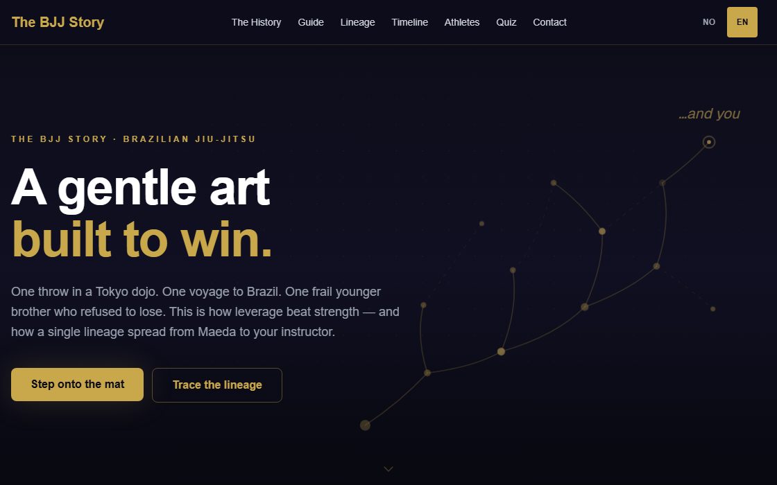 The BJJ Story homepage with a dark background, gold typography and an illustrated lineage